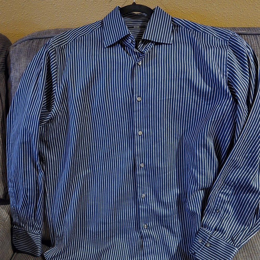 Boss Navy and White Striped Dress Shirt